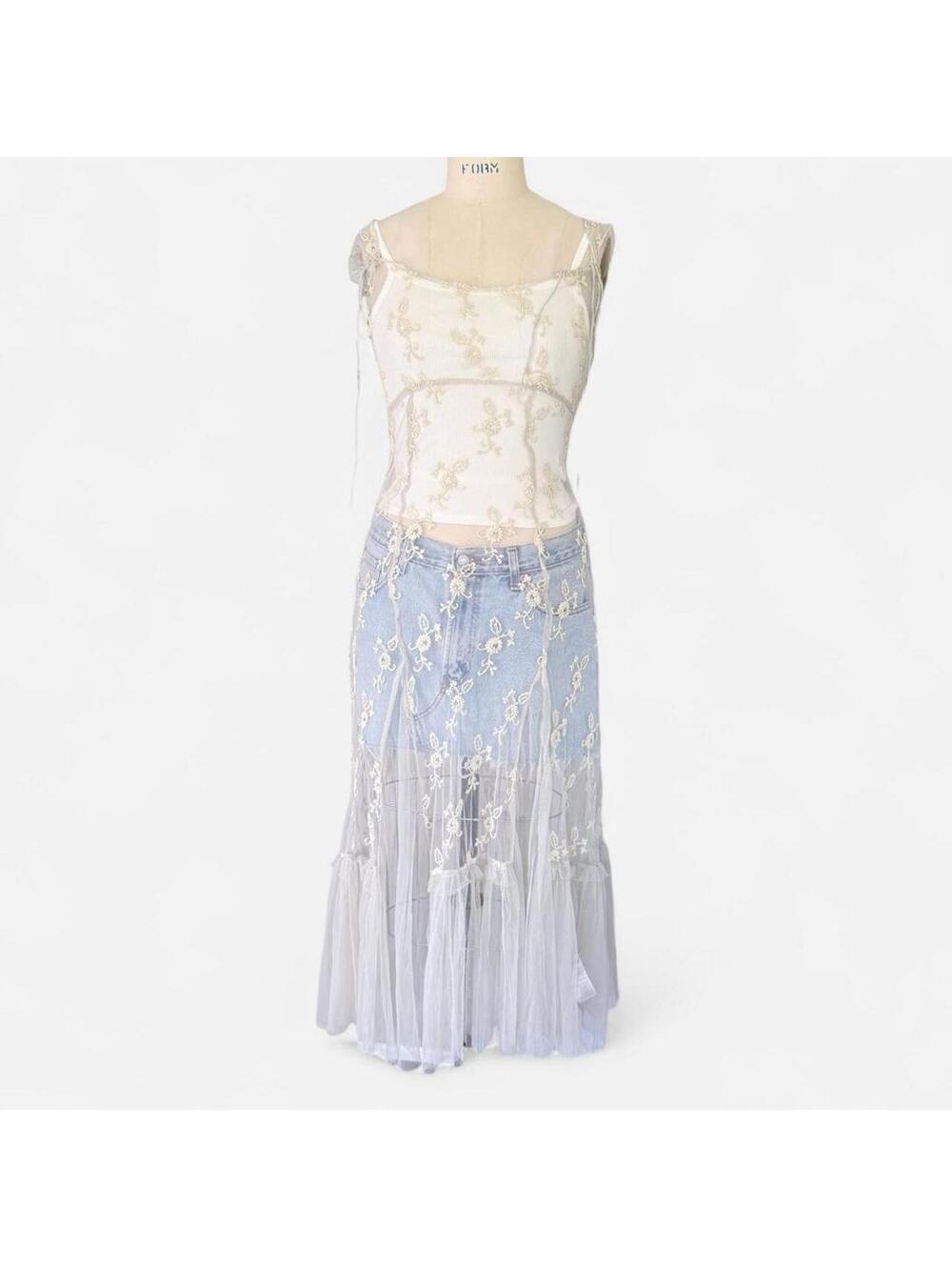 Free People Cream Embroidered Sheer Tulle Maxi Slip Dress